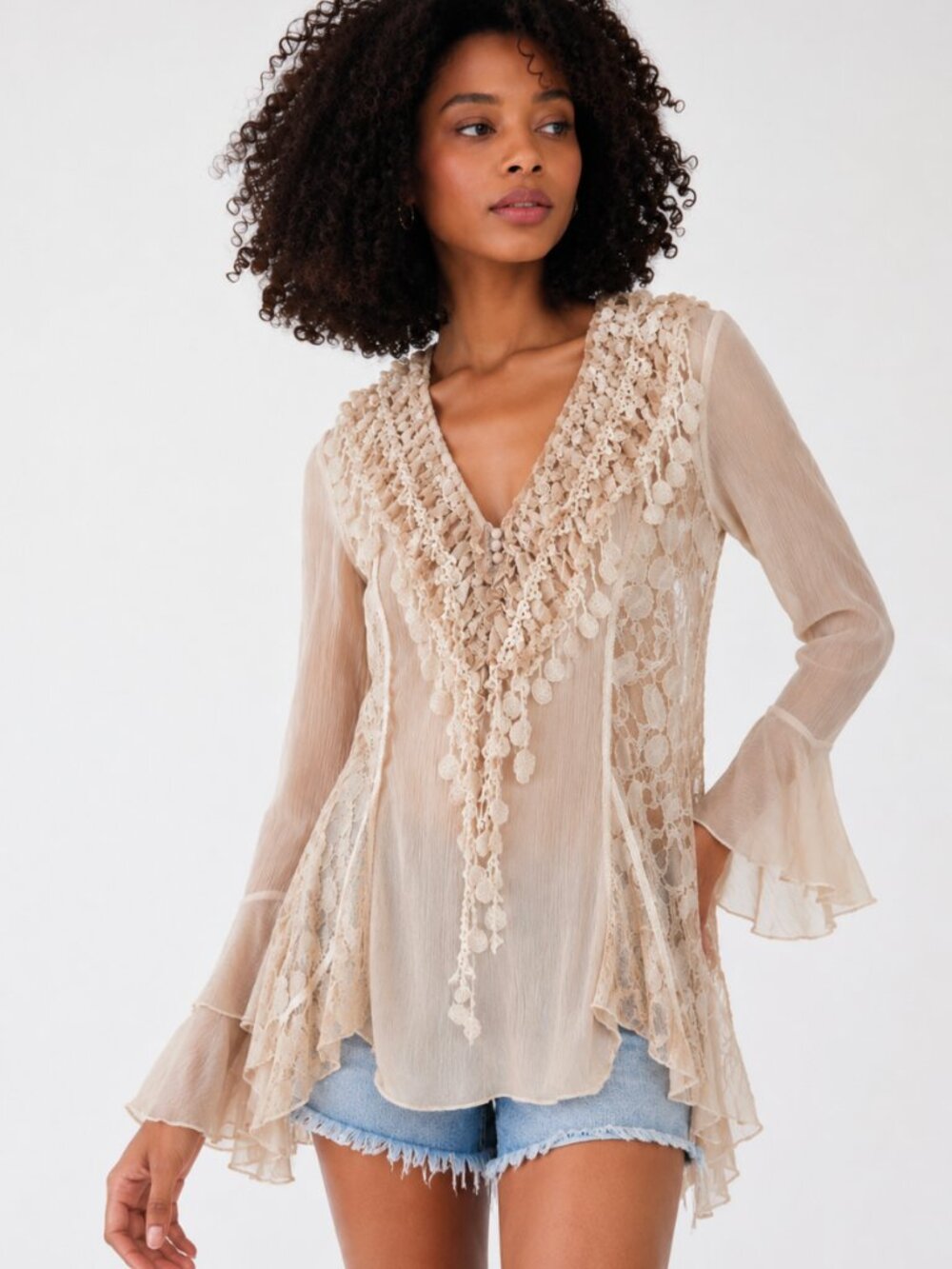 SKULLY LACE TRIM SILK BLEND TUNIC TOP